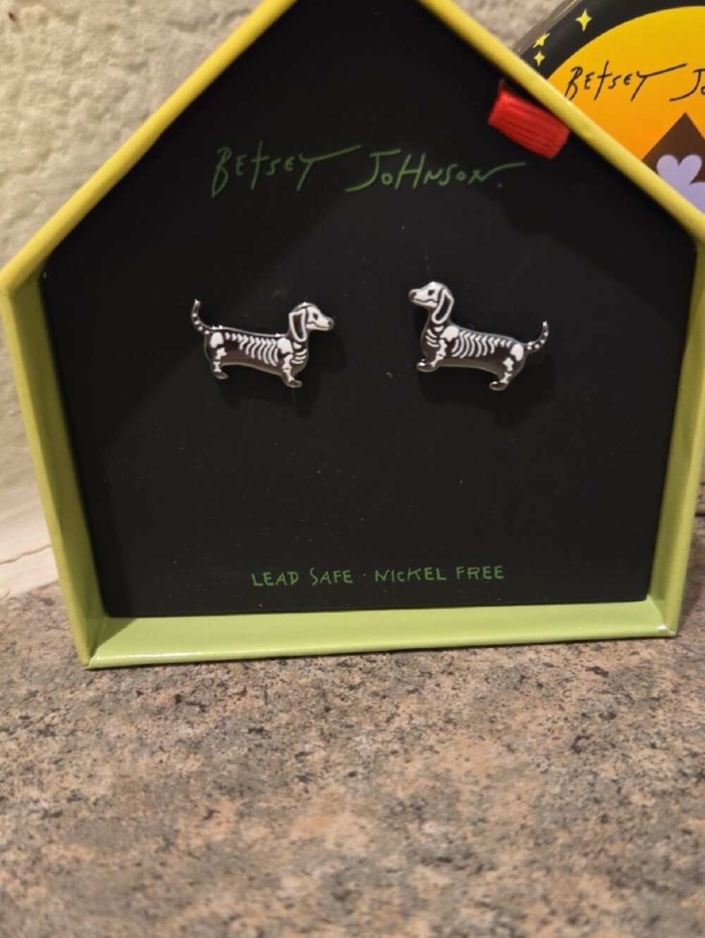 Betsey Johnson  Silver Dachshund Skeleton Stud Earrings Nwt - Picture 2 of 3